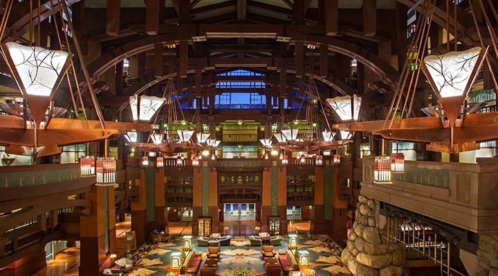 Warm timber interior of a Disney resort hotel