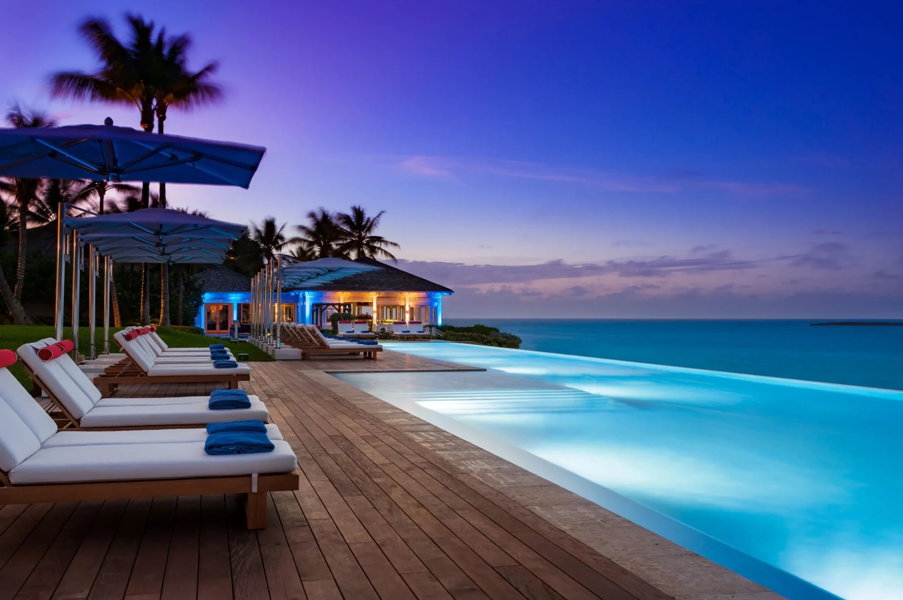 Oceanfront infinity pool and palm trees at sunset